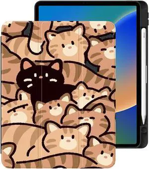 Cute Kawaii Cat Case for iPad 10th Generation Case 10.9 Inch 2022 with Pencil Holder, Foldable Black Leather Cover Case, Support Auto Sleep Wake