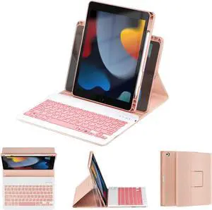 OYEEICE for iPad 9th Generation Case with Keyboard - Detachable Backlit Keyboard - Rotatable Cover with Pencil Holder for iPad 9th/8th/7th Gen, iPad Air 3rd Gen & iPad Pro 10.5" - Pink