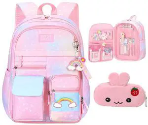 PRNGCAN Pink Kawaii Backpack Starry Rainbow Bookbag Cute Large Capacity Backpack Multifunction Fashion Casual Laptop Travel Bag For Girl (Pink-17inch)