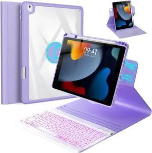 BLUTLOTUS Case for iPad 9th/8th/7th Generation with Keyboard 10.2 Inch,360deg Rotatable Magnetic Keyboard Case,Pencil Holder&Grooves Design,7 Color Backlit Detachable Wireless Keyboard(Purple)