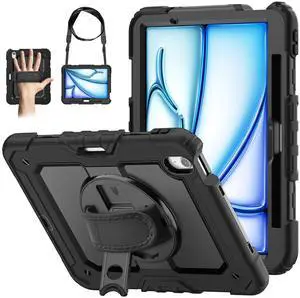 WEGLS Case for iPad Air 11 inch Case (M3 2025/ M2 2024)/ for Air 6th Generation with Screen Protector Pencil Holder, 360 Rotating Hand Strap & Stand, Black