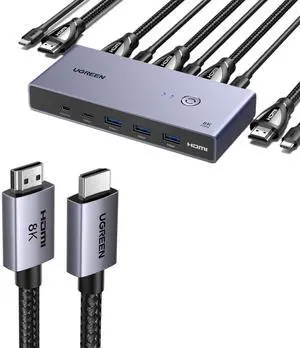 UGREEN 8K@60Hz HDMI KVM Switch with 4 USB 3.0 Ports (3 USB-A + 1 USB-C) USB Switch for 2 Computers Share 1 Monitor Keyboard Mouse Bundle with 8K HDMI 2.1 Cable 48Gbps 6.6FT