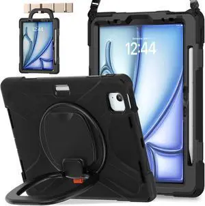 BATYUE Case for iPad Air 11-inch M3 (2025) / M2 (2024), iPad Air 5th/4th 10.9 inch(2022/2020), iPad Pro 11" 4th/3rd/2nd/1st, Kids Cover with 360deg Rotating Stand, Pencil Holder, Carrying Strap, Black