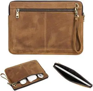 CataPurus Top Grain Leather 14.2" Slim Laptop Sleeve Case Bag, Vintage Design with 2 Zip Pockets, Handmade, Compatible with MacBook Pro 14" 2021 2022 M1 Pro/M1 Max A2442 & Other PC, Brown 14.2 Inch