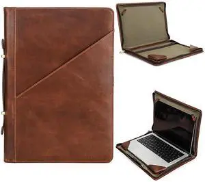 CataPurus Top Grain Leather 16.2" Slim Laptop Zipper Folio Case Bag, Handmade & 2 Pockets, Compatible with MacBook Pro 16.2" A2485 M1 Max 15" Touch Bar A2141 A1707 Pro 16" Touch ID, Brown 16.2 Inch