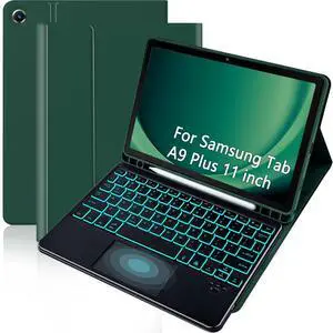 EAMPANG Case with Trackpad Keyboard for Samsung Galaxy Tab A9 Plus 11inch (SM-X210/X215/X216/X218),Smart Touchpad 7 Color Backlit Removable Keyboard Magnetic Case Tablet A9+ 5G DarkGreen