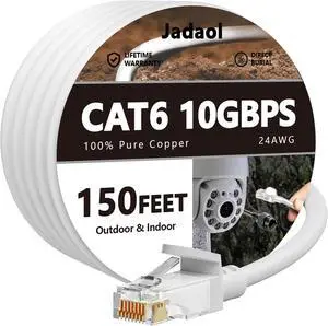 Cat6 Outdoor Ethernet Cable 150ft, Support Cat8 Cat7 Network, 10Gbps 24AWG Pure Copper, Heavy Duty Direct Burial Waterproof In-Ground UV Resistant Long Ethernet Cable, Durable LAN Internet Patch Cable