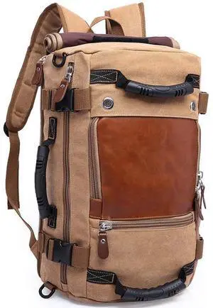 KAKA Travel Backpack,Canvas Duffel Bag for Traveling,Leather Vintage Travel Bags for Men,Carry on Weekender 15.6" Laptop backpacks Bag,khak