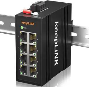 keepLiNK 8-Port Industrial Ethernet Switch, Unmanaged 10/100Mbps DIN-Rail Network Switch, IP40, Operating Temperature Range of -30°C - 70°C (-22°F~158°F)