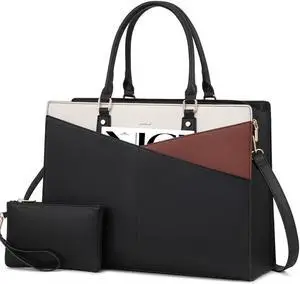 LOVEVOOK Laptop Tote Bag for Women, Leather Business Office Work Bag Computer Briefcase with Small Clutch fit for 15.6 Inch Laptop,Black-Brown-Beige
