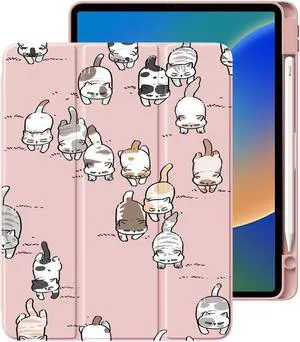 Cute Kawaii Cat for iPad Air4/Air5 for iPad Pro 11 Inch Case 2022/2021/2020 with Pencil Holder, Foldable Pink Leather Cover Case, Support Auto Sleep Wake