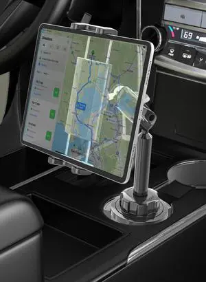 LYFICCS Metal Arm Cup Holder Car Tablet Mount, 720 ° Rotation Cupholder Tablet & Phone Stand Compatible with iPad Pro Air Mini iPhone 15/14/ 13/12 Max Pro and 4.7-12.9 inch Mobile Phone Tab