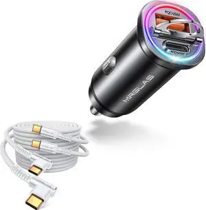 MRGLAS 240W USB C Cable Right Angle (2-Pack,6ft)& 90W USB C Car Charger Fast Charging [LED Multicolored] [All Metal] Cigarette Lighter Car Charger
