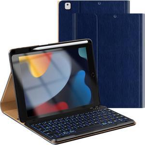 OPAKIT Leather Keyboard Case for iPad 9th/8th/7th Generation 10.2 inch, iPad Pro 10.5-inch Air 3rd Case with Pencil Holder, 7 Color Backlight BT Keyboard (2021/2020/2019/2017), NavyBlue