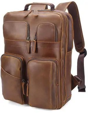 Polare 17.3 Inch Full Grain Leather Backpack for Men and Women Multi Pockets Business Travel Laptop Rucksack (Light Brown)