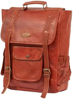 RAJERIYA 16 Inch Brown Leather Backpack For Men Vintage Easy Open Push Lock Genuine leather backpack for men/women Leather laptop backpack for men and women with padded Laptop Compartment