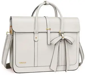 MOSISO Laptop Bag for Women, 15-15.6 inch PU Leather Laptop Shoulder Bags Convertible Backpack, 16 inch Messenger Bags Casual Handbag Work Briefcase Travel Computer Bag with Bowknot, Beige