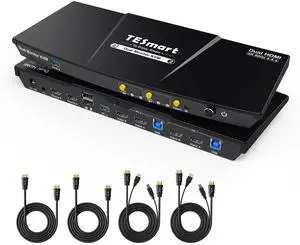 TESmart USB 3.0 HDMI KVM Switch 2 Monitors 2 Computers 4K@60Hz, Dual Monitor KVM Switch HDMI 2 Port Extended Display, Audio&Microphone, EDID Emulators, Hotkey Switch, Button Switch with Input Cables