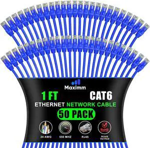 Maximm Cat 6 Ethernet Cable 1 Ft, (50-Pack) Cat6 Cable, LAN Cable, Internet Cable, Patch Cable and Network Cable - UTP (Blue) 1 Foot ethernet Cord