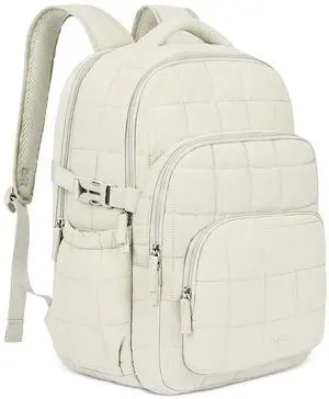 CLUCI 17.3 Inch Laptop Backpack for Women, Anti Theft Travel Backpack, Puffer Quilted Work Backpack, Water Resistant College Bookbag, Carry on backpack with RFID (Beige)