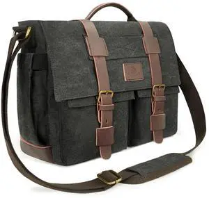 densata Messenger Bag for Men,13-14-15.6 Inch Laptop Bag, Vintage Heavyweight Canvas Satchel Bag, Leather Briefcase for School Work Travel (Black)