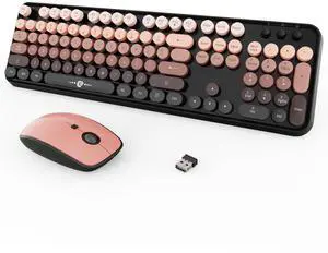FOPETT Wireless Keyboard and Mouse Combo, 104 Keys Full-Sized 2.4 GHz Round Keycap Colorful Keyboards, USB Receiver Plug and Play, for Windows, Mac, PC, Laptop, Desktop (GradientPink)