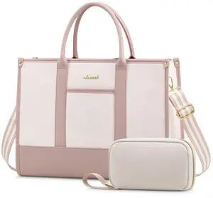 LOVEVOOK Laptop Tote Bags for Women Canvas Work Bag 15.6 inch Large Professional Teacher Purse Lightweight Computer Bag Briefcase Business Office, Pink