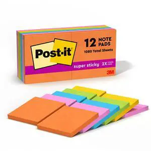 Post-it® Super Sticky Notes, 3 x 3 in, 12 Sticky Note Pads, 90 Sheets/Pad, 2X the Sticking Power, School Supplies and Office Products, Neon Fizz Post-it® Super Sticky Notes, 3 x 3 in, 12 Sticky Note Pads, 90 Sheets/Pad, 2X the Sticking Power, School Supplies and Office Products, Neon Fizz