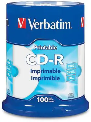 Verbatim® CD-R Printable Disc Spindle, Blue/White, Pack Of 100 Verbatim® CD-R Printable Disc Spindle, Blue/White, Pack Of 100