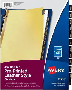 Avery® Jan-Dec Dividers For 3 Ring Binders, 8-1/2" x 11", 12-Tab Set, Pre-Printed Black Leatherette Tabs, 1 Binder Divider Set (11351) Avery® Jan-Dec Dividers For 3 Ring Binders, 8-1/2" x 11", 12-Tab Set, Pre-Printed Black Leatherette Tabs, 1 Binder Divider Set (11351)