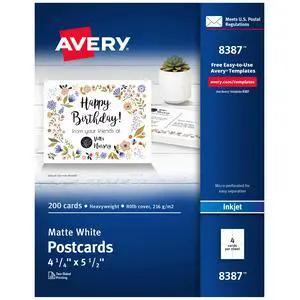 Avery(R) Inkjet Postcards, 4 1/4in. x 5 1/2in., White, Box of 200, 08387 Avery(R) Inkjet Postcards, 4 1/4in. x 5 1/2in., White, Box of 200, 08387