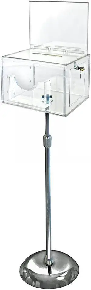 Azar Displays 206325-CLR Suggestion Box with Lock and Keys, Donation Box, Offering Box, Locked Display Stand, Acrylic Sign Holder on Pedestal, Clear Locking Box with Slot, 11"x 8.25"x8.25"