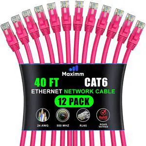 Maximm Cat 6 Ethernet Cable - 40 ft (12-Pack), High-Speed LAN, Internet, Patch, Network Cable - UTP, 10Gbps, 550MHz - Pink