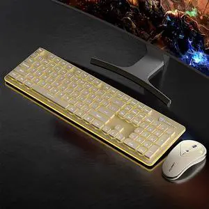 Wireless Keyboard and Mouse Combo, Rechargeable Metal Full Size Mute Keyboard and Ergonomic Mice, 2.4G Ultra-Thin Sleek Design for Windows Computer Desktop PC Laptop (Milky with Warm Light)