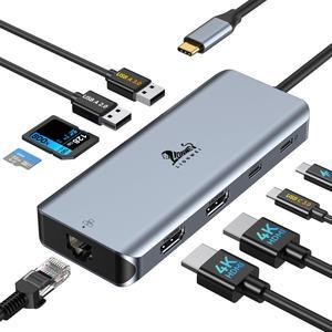 USB C Hub to Dual HDMI Docking Station with Ethernet Port, USB C Adapter Dual Monitor with 2 HDMI, 100W PD, 3 USB and SD/TF Card Reader for MacBook Pro Air, Dell XPS, HP and More Type-C Laptops