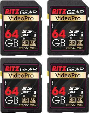 Ritz Gear Video Pro SD Card UHS-II 64GB SDXC Memory Card 4-Pack U3 V90 A1, Extreme Performance Professional (R 280mb/s 250mb/s W) for Advanced DSLR,Well-Suited for Video, Including 4K,8K, 3D, Full HD
