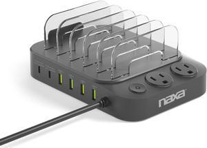 Naxa Electronics NAP-5001 8-in-1 Dock Charging Station with Qi 15W Wireless, AC, USB-A, and USB-C for Phones, Laptops and Electronics, Black