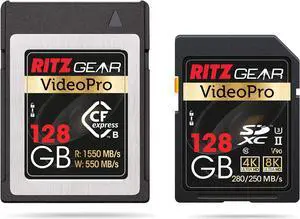 Ritz Gear CFExpress Type B 128GB Card (1550/550 R/W), Compatible with Nikon, Panasonic & Canon DSLR Cameras. (Few Cameras Need a firmware Update for Compatible W CFExpress)+ Video Pro V90 SD Card