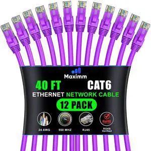 Maximm Cat 6 Ethernet Cable - 40 ft (12-Pack), High-Speed LAN, Internet, Patch, and Network Cable - UTP, 10Gbps, 550MHz - Purple