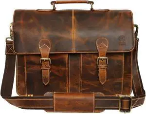 RUSTIC TOWN Handcrafted 16-inch Brown Leather Shoulder Briefcase Messenger Bags Men's 15.6 inch Laptop Satchel