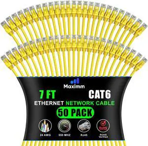 Maximm Cat 6 Ethernet Cable - 7 ft (50-Pack) - High-Speed LAN, Internet, Patch, and Network Cable - UTP, 10Gbps, 550MHz Ethernet Cord - Yellow