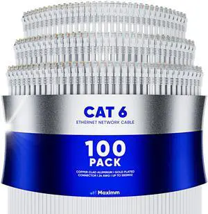 Maximm Cat 6 Ethernet Cable 1.5 ft (100-Pack) - High-Speed LAN Cable, Internet Cable, Patch Cable, and Network Cable - UTP, 10Gbps, 550MHz Ethernet Cord - White