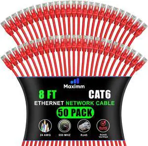 Maximm Cat 6 Ethernet Cable - 8 ft (50-Pack) - High-Speed LAN, Internet, Patch, and Network Cable - UTP, 10Gbps, 550MHz Ethernet Cord - Red