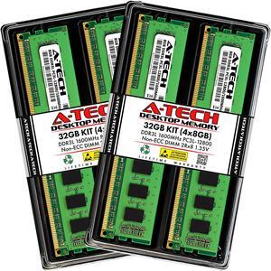 A-Tech 32GB (4x8GB) DDR3/DDR3L 1600MHz PC3L-12800 (PC3-12800) CL11 DIMM 2Rx8 1.35V 240-Pin Non-ECC UDIMM Desktop RAM Memory Modules