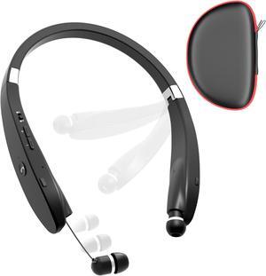 Bluetooth Neckband Headphones, Dpvisn Foldable Wireless Lightweight Neck Headset with Retractable Earbuds, Noise Cancelling Sweatproof Stereo Earphones with Mic & Carrying Case (Black)