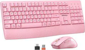 MEETION Wireless Keyboard and Mouse, Full-Sized Cordless Keyboard with Wrist Rest and 3 DPI Adjustable Mouse, 2.4G Wireless, Compatible with PC/Computer/Laptop/Windows/Mac, Pink