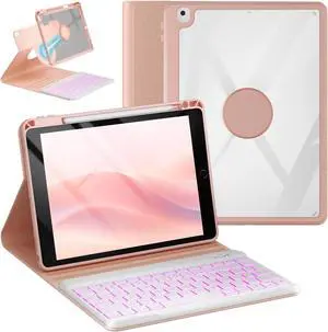 OYEEICE Keyboard Case for iPad 9th/8th/7th Generation 10.2 inch 2021/2020/2019, iPad Pro 10.5-inch, iPad Air 3 2019- Rotating Magnetic Clear Cover with Detachable Wireless Backlit Keyboard - Pink