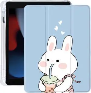 Cute Kawaii Bunny for iPad Air5/Air4 Case with Pencil Holder, Auto Sleep/Wake, Blue Leather with Clear Soft TPU Back Cover for iPad 10.9 Inch 2022
