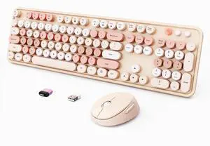 Wireless Keyboard and Mouse Combo, Ergonomic Full Size Typewriter Retro Round Keycaps Keyboard, Compatible with Windows, PC, Perfer for Home and Office Keyboards (Chocolate Color)