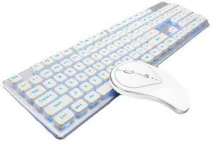 Rechargeable 2.4G Wireless Keyboard and Mouse Combo, Luminous Mute Keyboard Mouse for Office Gaming Laptop PC Home Use (Silver with Blue Light)